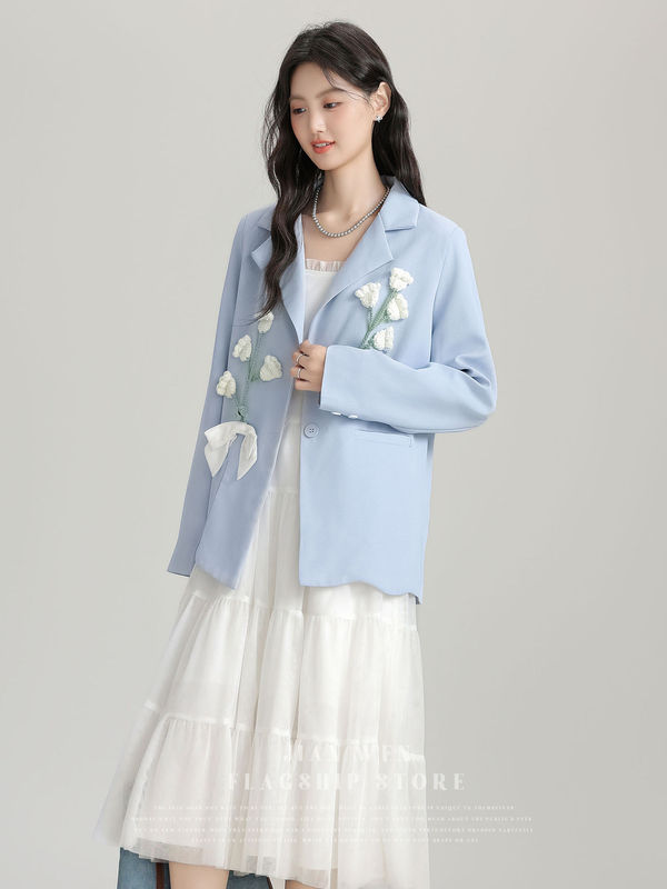 2025春秋新款蓝色文艺风通勤气质西装外套女立体花朵高级感西服潮|undefined