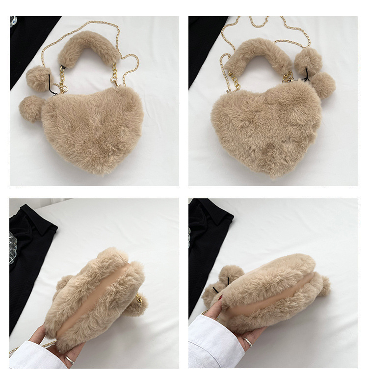 Peach Heart Handbag, Cute Plush Ball Shoulder Bag, Personalized And Niche Women's Solid Color Temperament, Heart Shaped Plush Diagonal Straddle Bag_voghion.com