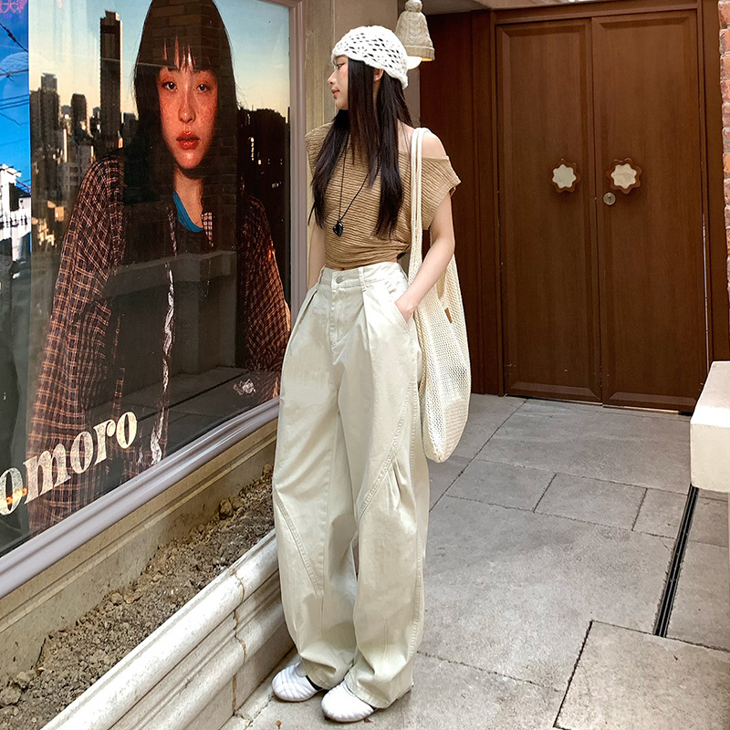 Khaki Scimitar Jeans for Women in Autum, Low-Waisted, Loose and Slim, American Style Ivory White Straight Wide-Leg Long Pants