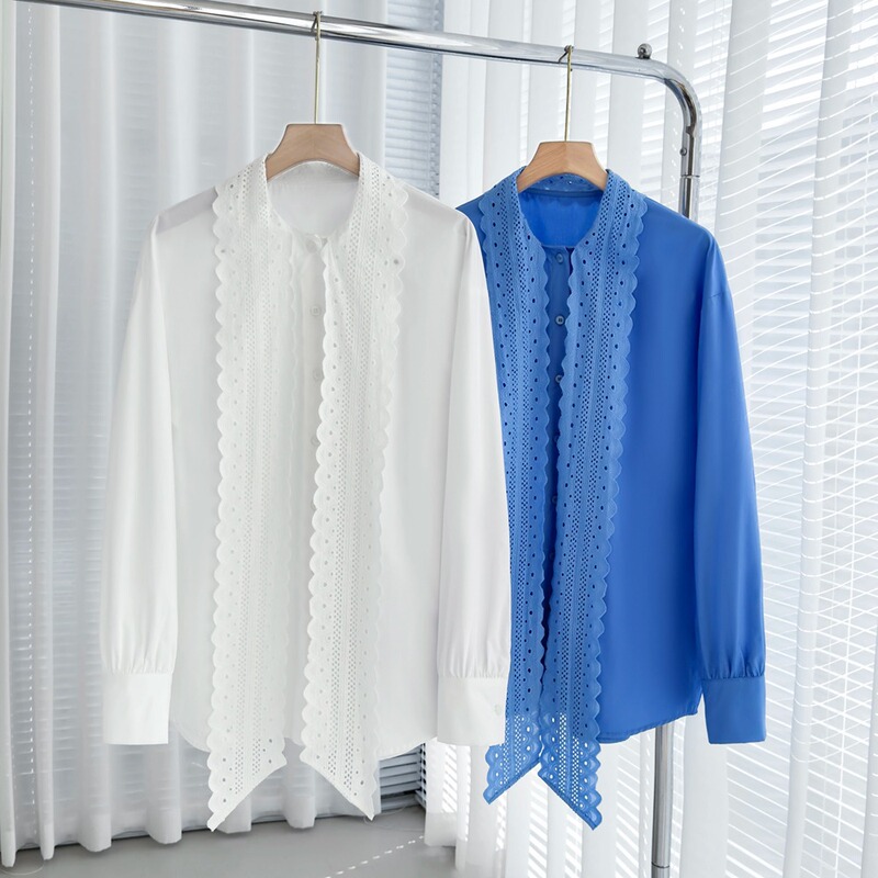 (Clearance) Endy Pure Cotton Lace Ribbon Shirt 2026 Spring Vintage Hong Kong Style Tie Bow Long Sleeve