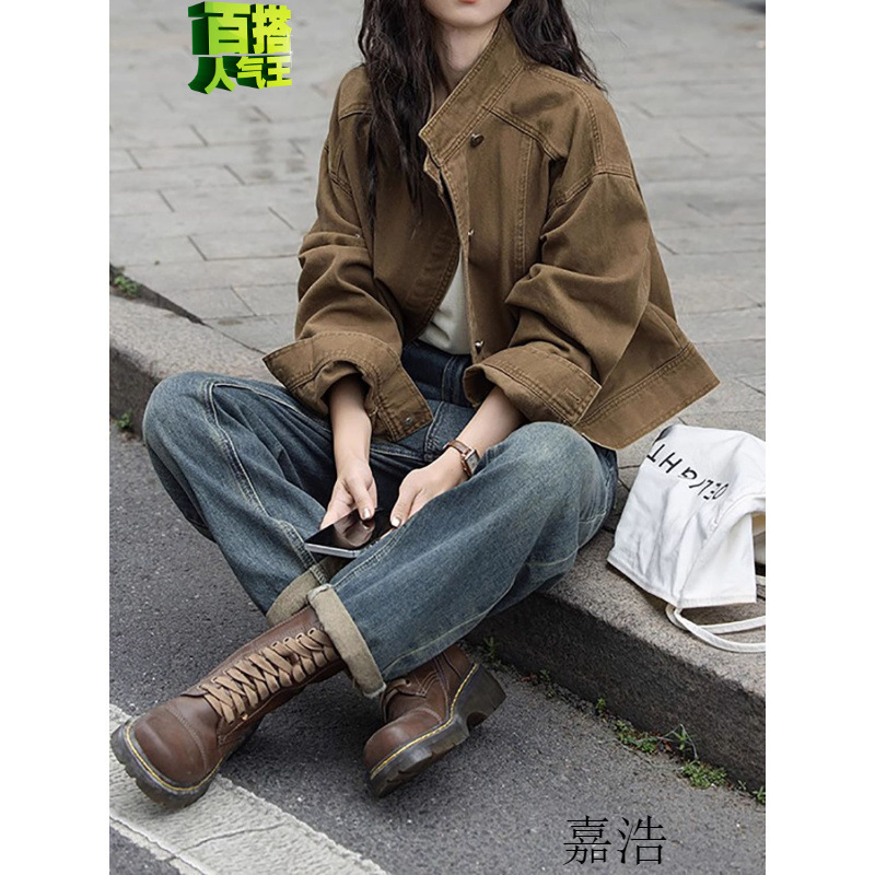 早秋韩系穿搭套装复古咖色牛仔工装夹克短外套高腰牛仔裤子两件套|undefined