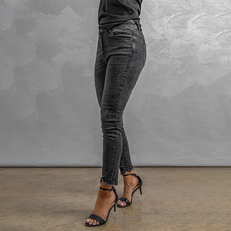 时颖欧美小脚牛仔裤女秋冬新品纯色休闲高腰修身毛边磨破牛仔裤女