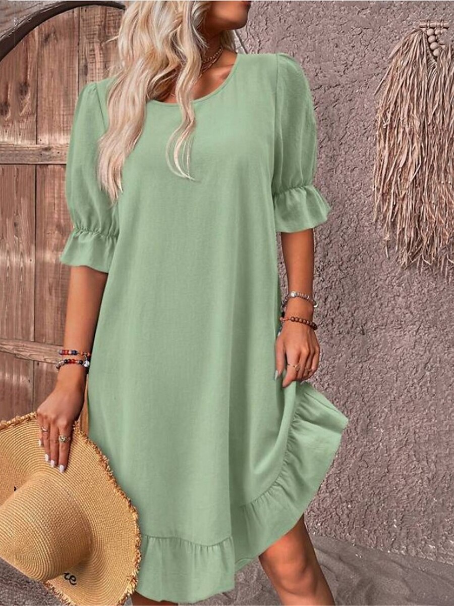 Round Neck Neckline Wholesale Women's Simple Style Ruffles Solid Color Daily Round Neck Half Sleeve Regular Dress