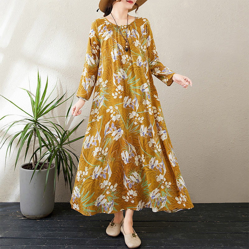 Real Shot of 2025 Early Spring New Style Round Neck Ruched Loose Lazy Dress Minimalist Long-Sleeve Ultra-Long Dress Vacation Style