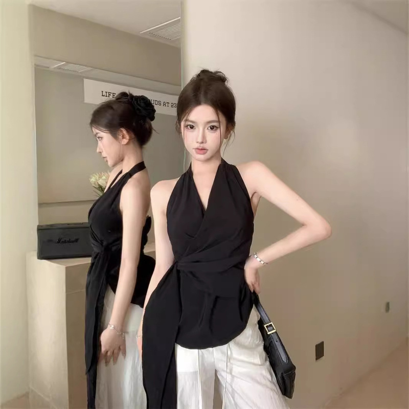 Elegant Black Backless Neck Sleeveless Shirt Women's Summer Tight Waist Strap Design Shirt Chic Niche Top