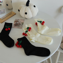 袜子女手工针织樱桃少女棉中筒袜软妹可爱堆堆袜女网红小红书同款