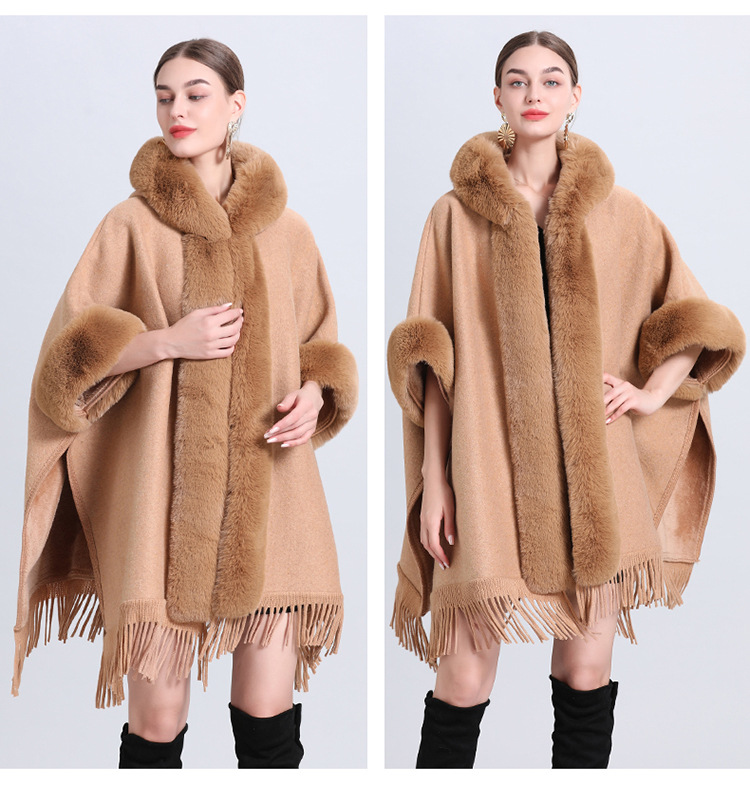 Loose a Fleece décke Wollkragen mat Kapuzenfransen gestrickte Schal Cape Plus-Size Wollmantel_voghion.com