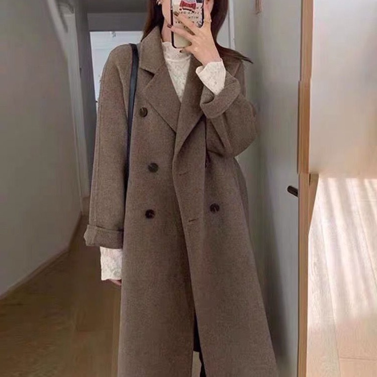 2025 New Autumn and Winter Classic Double-Breasted Woolen Outwear Mid-Length Woolen Outwear Women's Loose Suit Collar Outwear