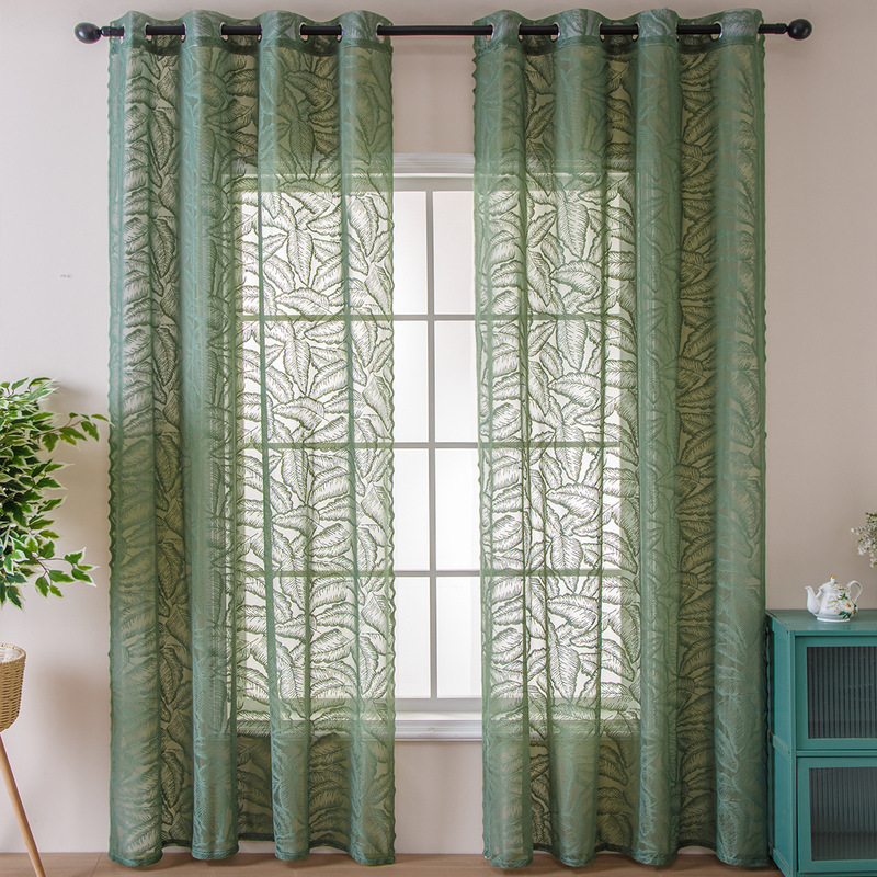 Modern Simple Popular Green Home Curtain Bedroom Living Room Balcony Semi-Shading Shade Special Offer Gauze Curtain Punch-Free