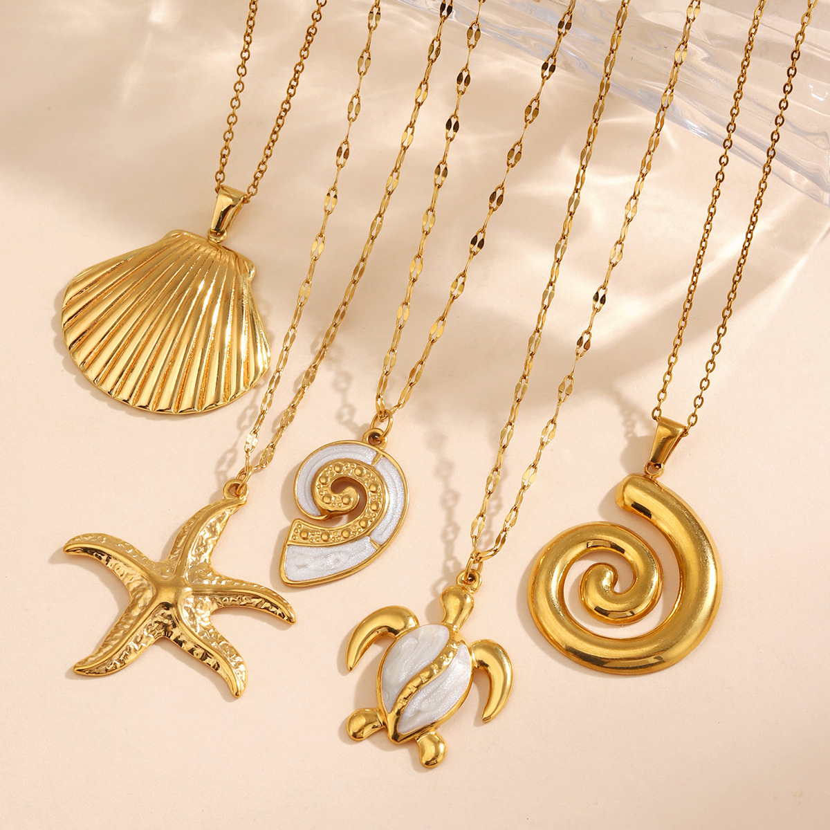 欧美跨境ins风18k金不锈钢海星螺纹贝壳乌龟吊坠海洋项链饰品批发