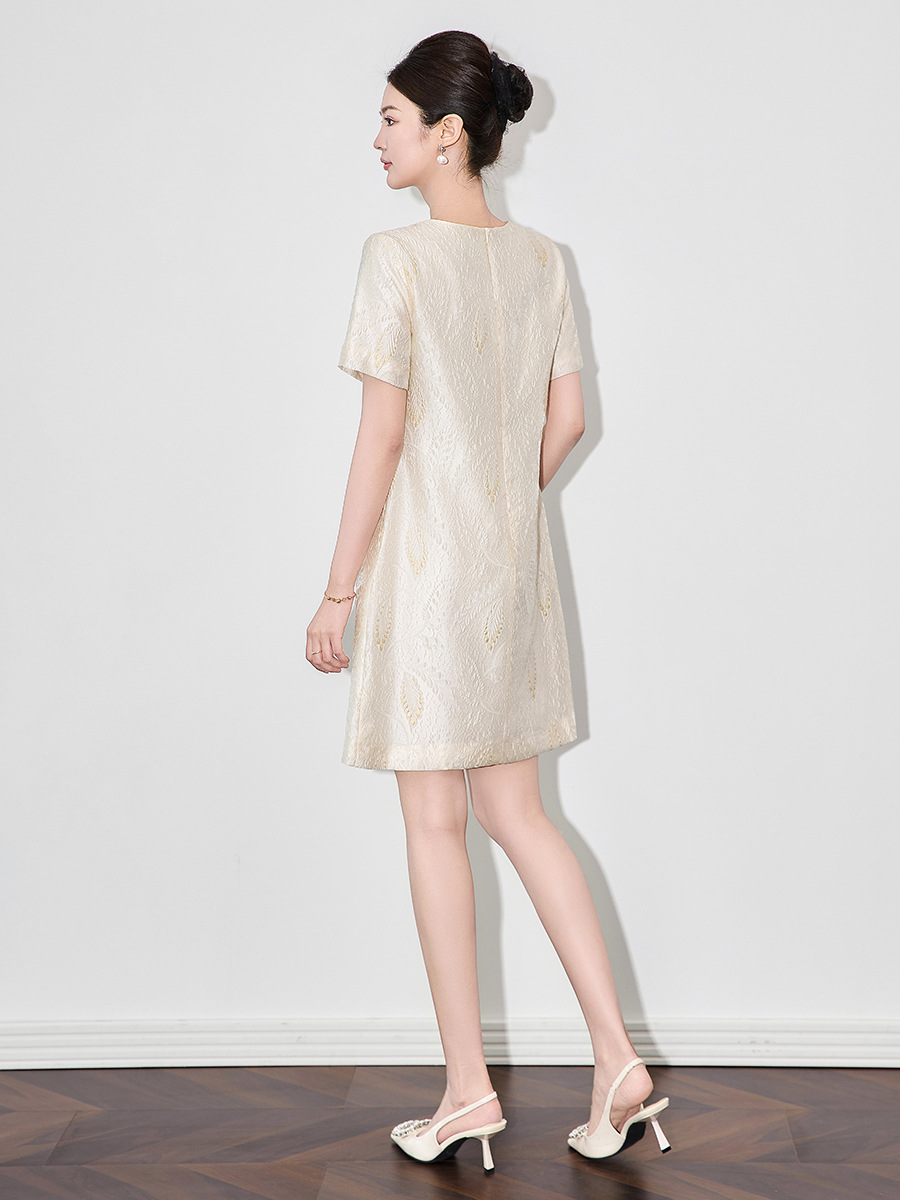 Váy ngắn tay nữ họa tiết jacquard mạ vàng phù điêu thanh lịch — Màu xanh lam