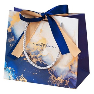 Sapphire Blue Marble handbag bow gift bag high-end gift bag exquisite white cardboard bag foreign trade packaging bag