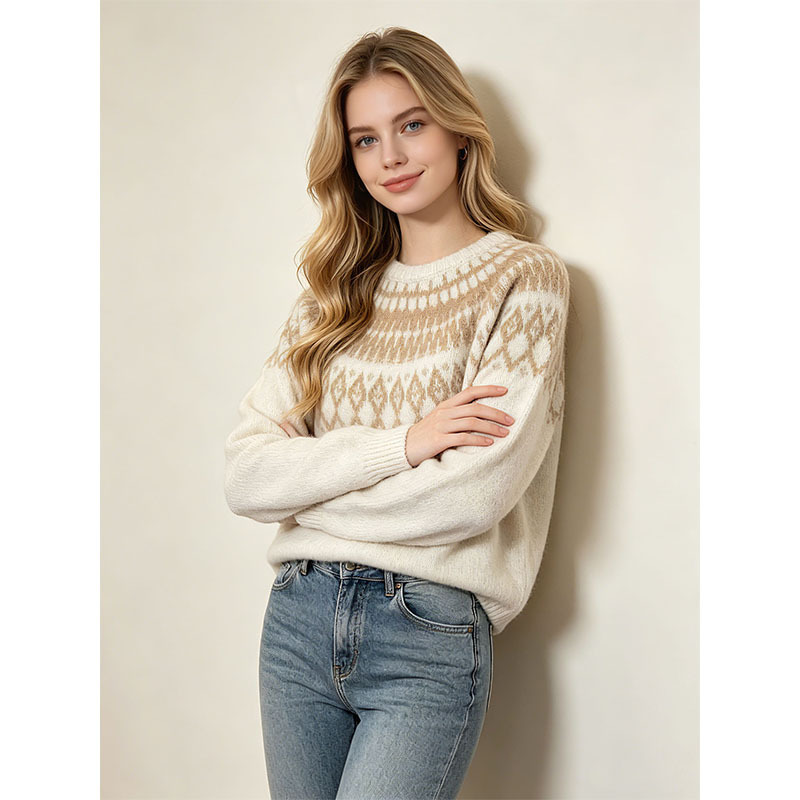 Cross-Border Fair Isle Jacquard Knit Sweater Top for Women, New Autumn and Winter Style, Melard Style Round Neck Pullover Sweater, Base Layer