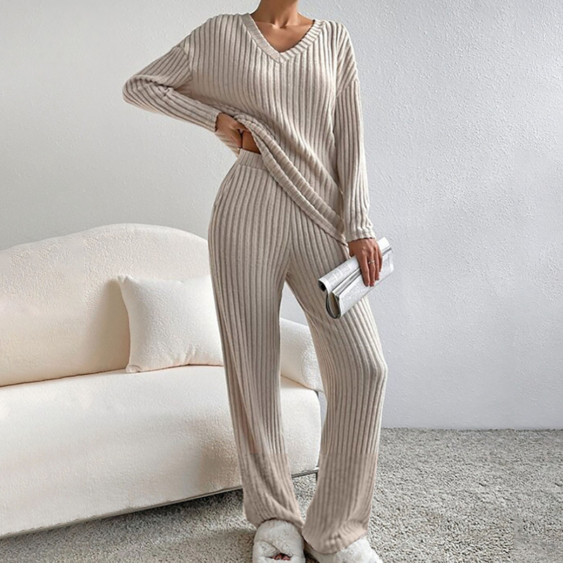 Cross-Border Two-Piece Set for Women, 2025 Autumn New Fashion Casual Straight-Leg Pants, Stylish Loose V-Neck Ribbed Knit Set Cross-Border Two-Piece Set for Women, 2025 Autumn New Fashion Casual Straight-Leg Pants, Stylish Loose V-Neck Ribbed Knit Set