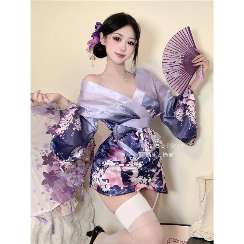Набор домашней одежды в японском стиле, кимоно с V‑образным вырезом, сатиновый принт, единый размер