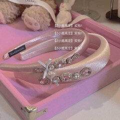 Zさん高定【茶休少女】パールピンクのサテンスポンジ蝶結び水晶ガラスドリルカチューシャ