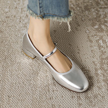 银色小皮鞋女鞋2024春季新款韩版一字式扣带圆头浅口牛皮低跟单鞋