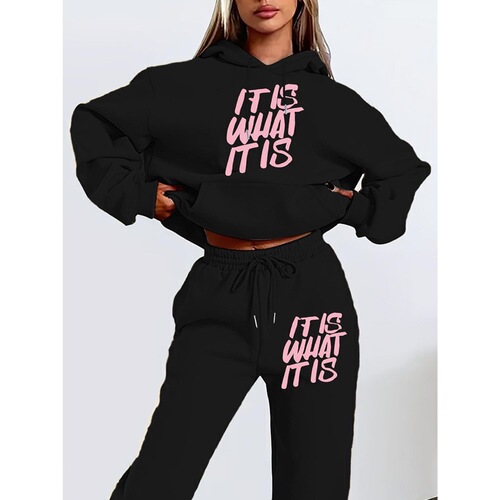 Cross-border European and American foreign trade New women's clothing fashionable casual loose hooded hooded sweater set printed medium women's large size