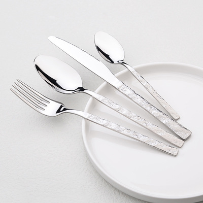 石纹不锈钢西餐刀叉勺四件套家用酒店餐厅加厚牛排刀银色餐具套装|ms