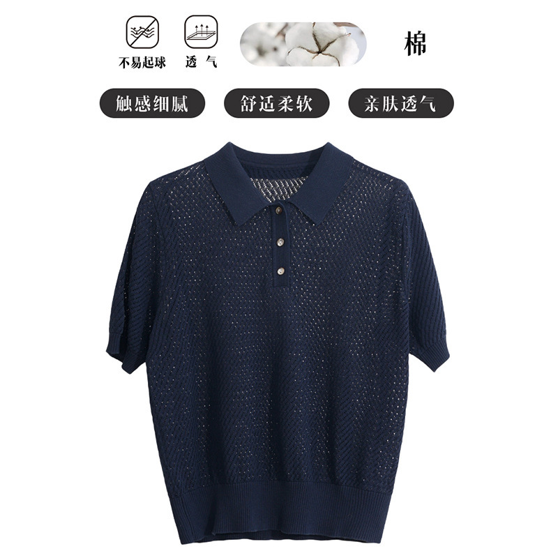 Big C Same Style Polo Collar 100 Cotton Knitted Sweater Women's Summer Thin High-end Hollow-out Breathable Casual Short-sleeved T-shirt