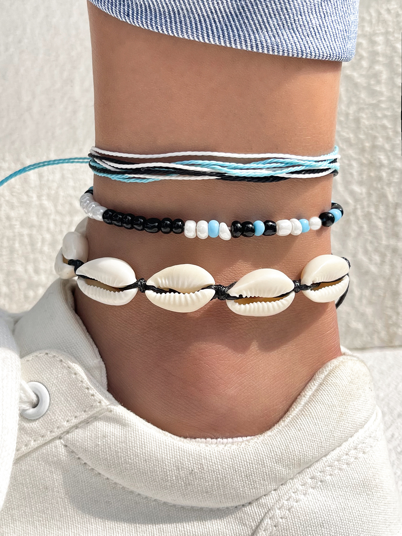 Bohemian Style Colorful Cord Hand-Woven Shell Beaded Anklets Suit 3 Piece
