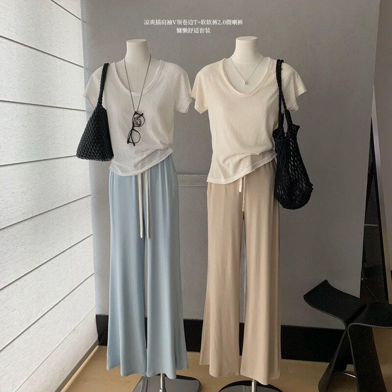Soft Pants 2.0* Color-Blocked Drawstring Drapey Casual Pants Low-Waist Solid Color Simple Flared Pants Long Pants White Top Soft Pants 2.0* Color-Blocked Drawstring Drapey Casual Pants Low-Waist Solid Color Simple Flared Pants Long Pants White Top