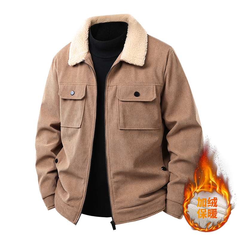 秋冬男羊羔绒加绒加厚外套灯芯绒大码商务翻领季外套休闲宽松棉衣