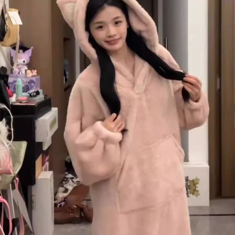 网红新款粉色猫咪珊瑚绒睡衣女冬季连帽长款睡袍美少女宿舍家居服|undefined