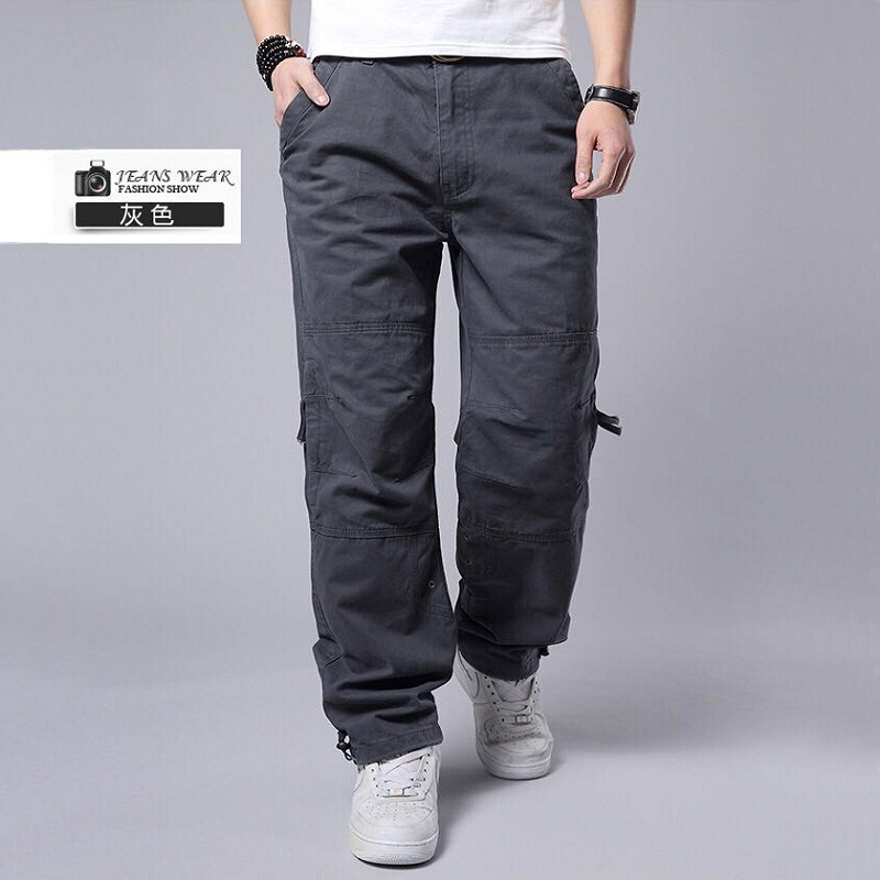 Men's Pure Cotton Trendy Multi-Pocket Casual Pants Loose Cargo Pants Men's Long Straight Outdoor Pants Plus Size with Belt