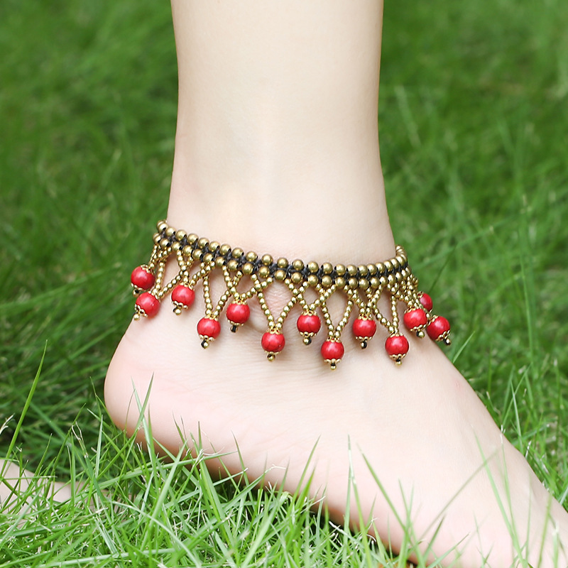 Elegant Retro Geometric Synthetic Turquoise Wax Line Copper Artificial Gemstones Women's Anklet 1 Piece display picture 5