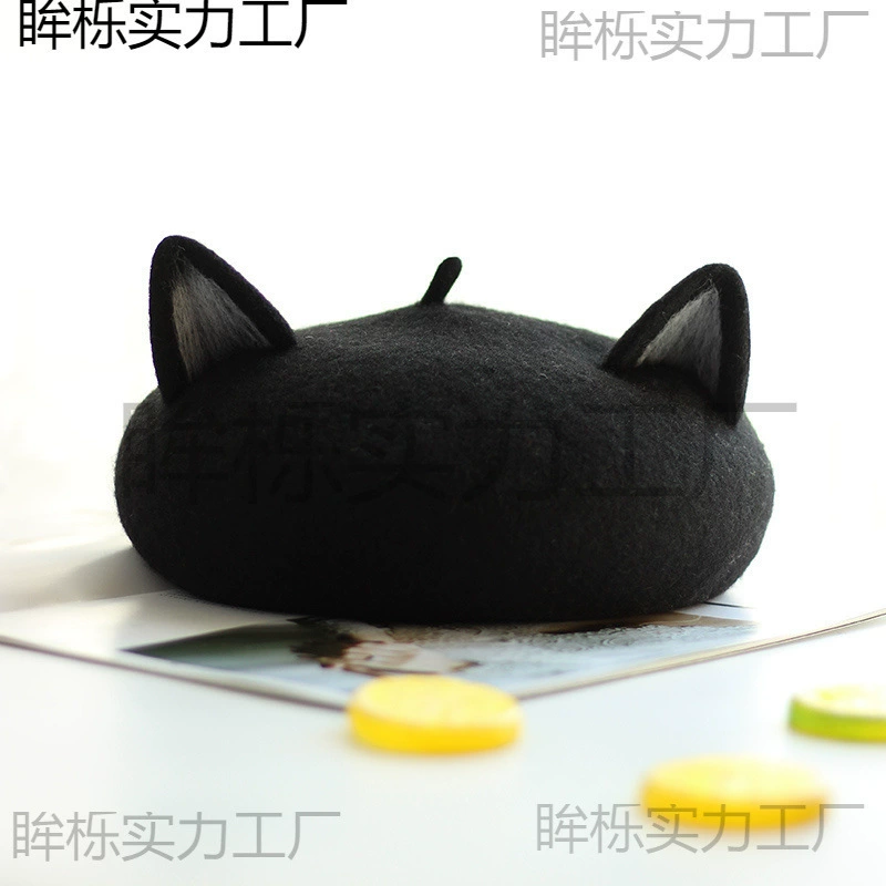 Художественная шапка с маленьким обхватом головы, осенне-зимняя шерстяная детская шапка для родителей и детей, милый черный кот, фетровые трехмерные уши.