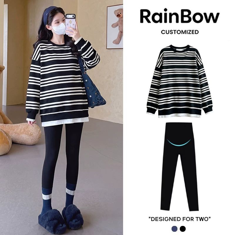 Maternity wear: a color-blocked black and white striped long-sleeved sweatshirt set, featuring a loose-fitting, oversized, round-neck top in an American retro style