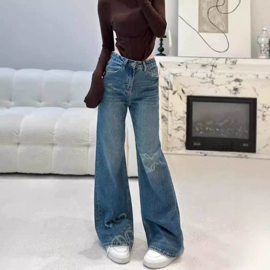 유럽과 미국 역 중산 청바지 2024 가을과 겨울 로이 홈 불타는 꽃 로고 스트레이트 청바지 여성 조커