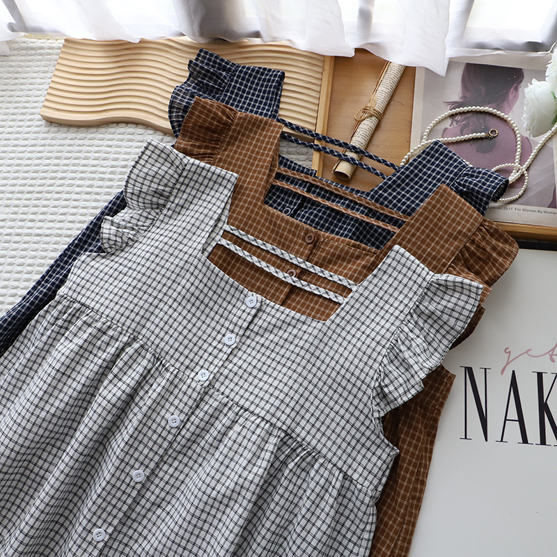 [Bizheng] 2025 Summer New Korean Style Square Neck Ruffled Plaid Backless Joker Sleeveless Shirt Women's 4175