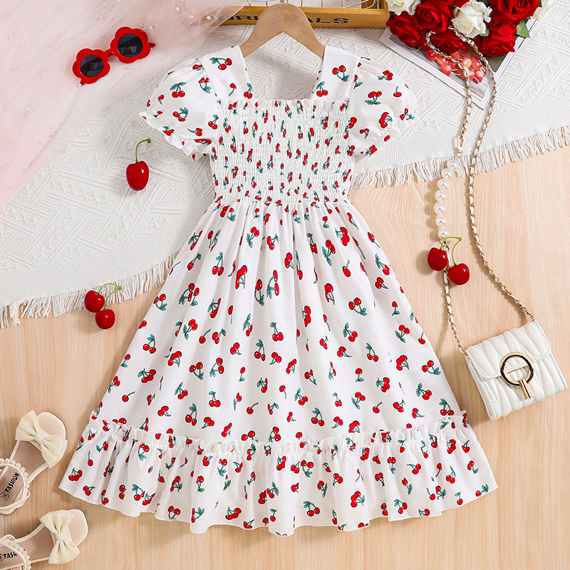 2025 Summer Girls Dress Amazon Cross-Border Foreign Trade Summer Dress Cherry Puff Sleeve Children's Princess Dress