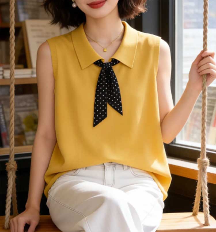 Áo len cổ Polo dệt kim tay ngắn họa tiết chấm bi lụa phối khăn, form rộng thoải mái — Màu ảnh chi tiết 3
