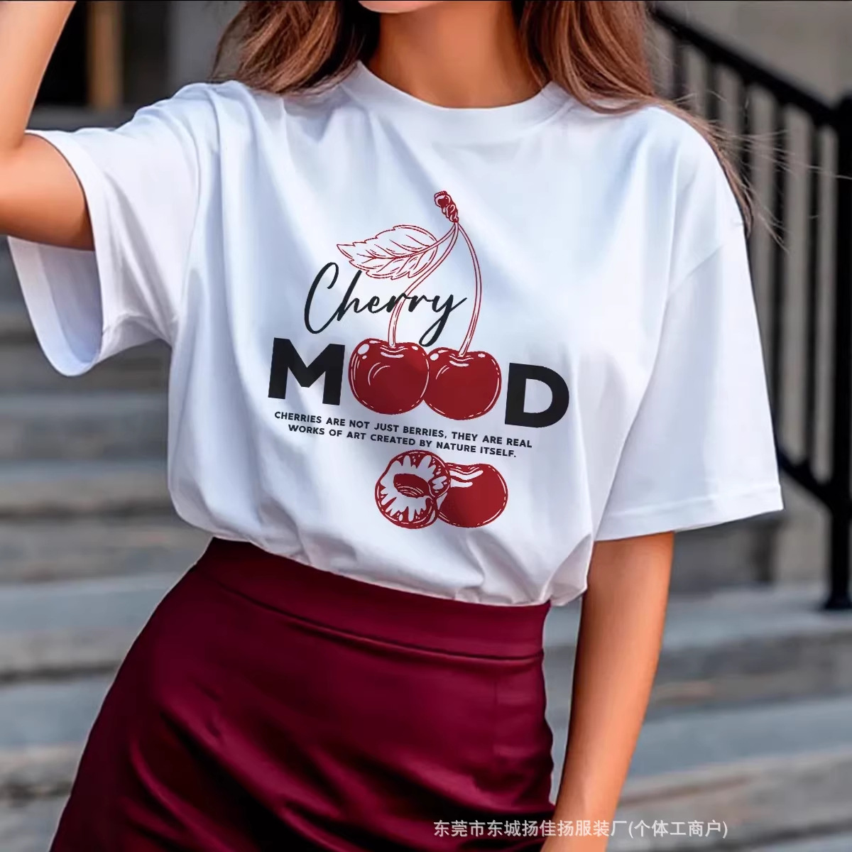 100% Pure Cotton Short-Sleeved T-Shirt, New Summer Style, American-Style Trendy Niche Cherry Print Outerwear Work Clothing Top