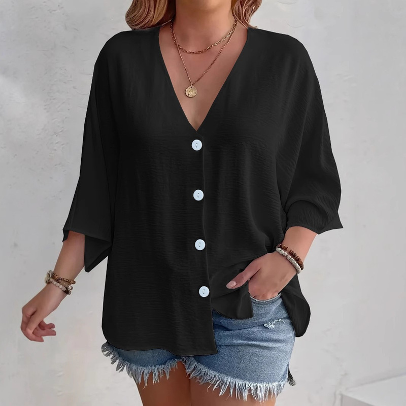 2026 Amazon Independent Site Women's Spring and Summer Plus Size Solid Color V-Neck Three-Quarter Sleeve Button-Down Casual Loose Shirt
