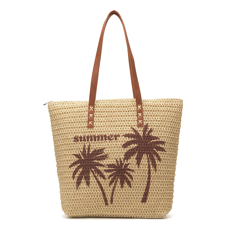 Beach Vacation Style Large Capacity Coconut Tree Print Straw Bag Women's Summer New Woven Shoulder Bag - Thumbnail 6
