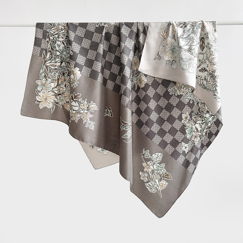 Nuevos productos transfronterizos de estilo europeo y americano, bufanda de seda estampada a cuadros de flores, estilo artístico de primavera y otoño, bufanda cuadrada de sarga de temperamento de atmósfera