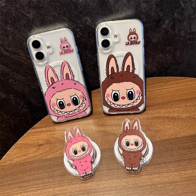 Cute Pink Brown Labubu with Magnetic Holder Suitable for Apple 16Promax Mobile Phone Case 15Plus14 Soft 1312