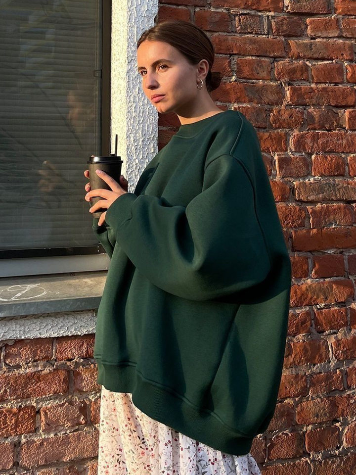 Áo sweatshirt nữ cổ tròn dáng rộng oversize tay dài chất liệu nỉ lông — Hoa màu xám, Màu cà phê, Màu trắng, Xanh navy chi tiết 10