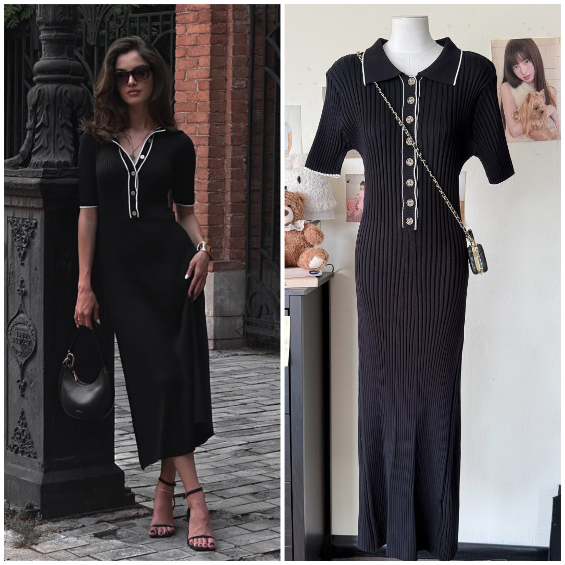 Women's Short-Sleeve Turn-Down Collar Knit Dress, Cross-Border 2025 Spring/Summer New European And American Style Ribbed_ecoleips.com