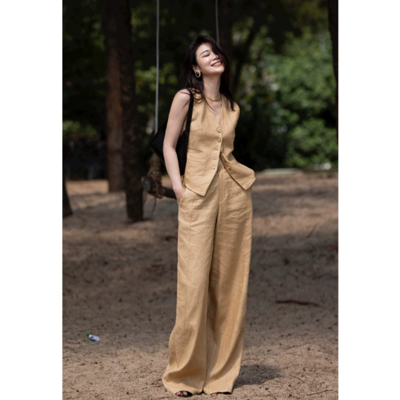 Модный льняной костюм для женщин лето 2025, элегантный высококачественный костюм из хлопка и льна, жилет, топ, широкие брюки, комплект из двух предметов