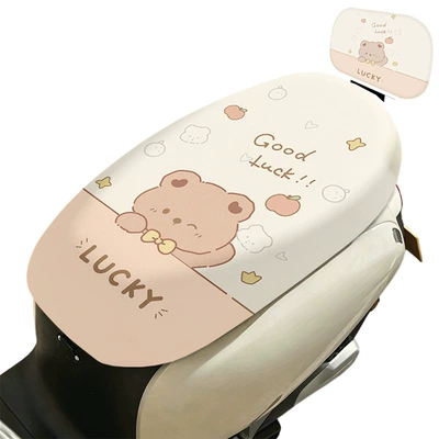 All-season universal electric vehicle seat cover, cartoon elastic leather seat cover, waterproof and sun-proof, new cute summer leather design (Electric car cushion) - cartoon-lucky-cute-bear-with-backrest