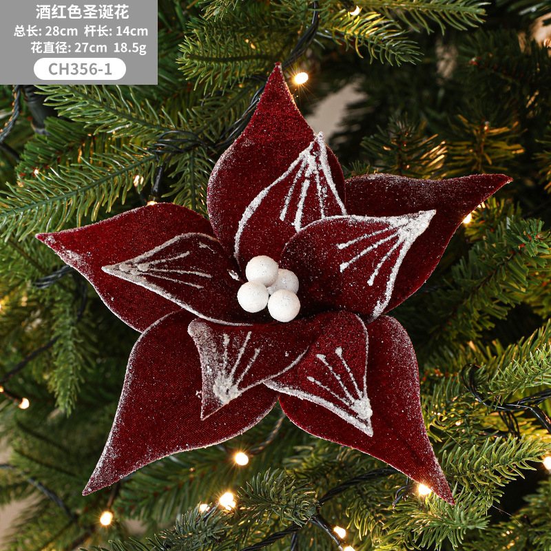 Adornos Navideños de Flores de Terciopelo Sintético con Efecto Nevado, Estilo Nuevo, para Decoración Navideña, Venta al por Mayor