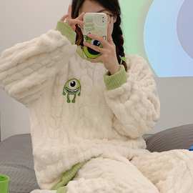 法兰绒睡衣冬季女款长袖加绒加厚卡通学生宽松珊瑚绒家居服女套装