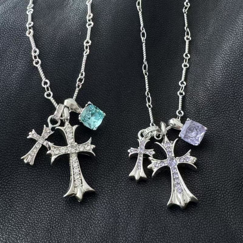 Sugar Cube Cross Full Zircon Necklace Light Luxury Niche Design Punk Sweet Cool Ins Style Sweater Chain
