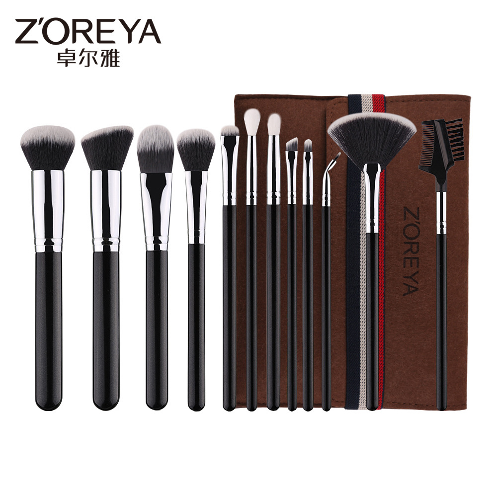 Zhuolya transfronteriza negro Mango de madera herramientas de belleza polvo suelto sombra de ojos cepillo de labios traje 12 pinceles de maquillaje conjunto completo venta al por mayor