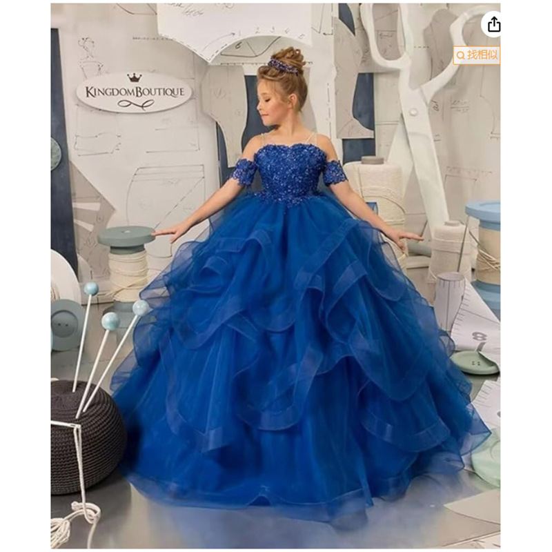 Cross-Border Amazon Independent Website Flower Girl Dress Evening Gown Trailing Skirt Puffy Dress Performance Host Children's Off-Shoulder Dress